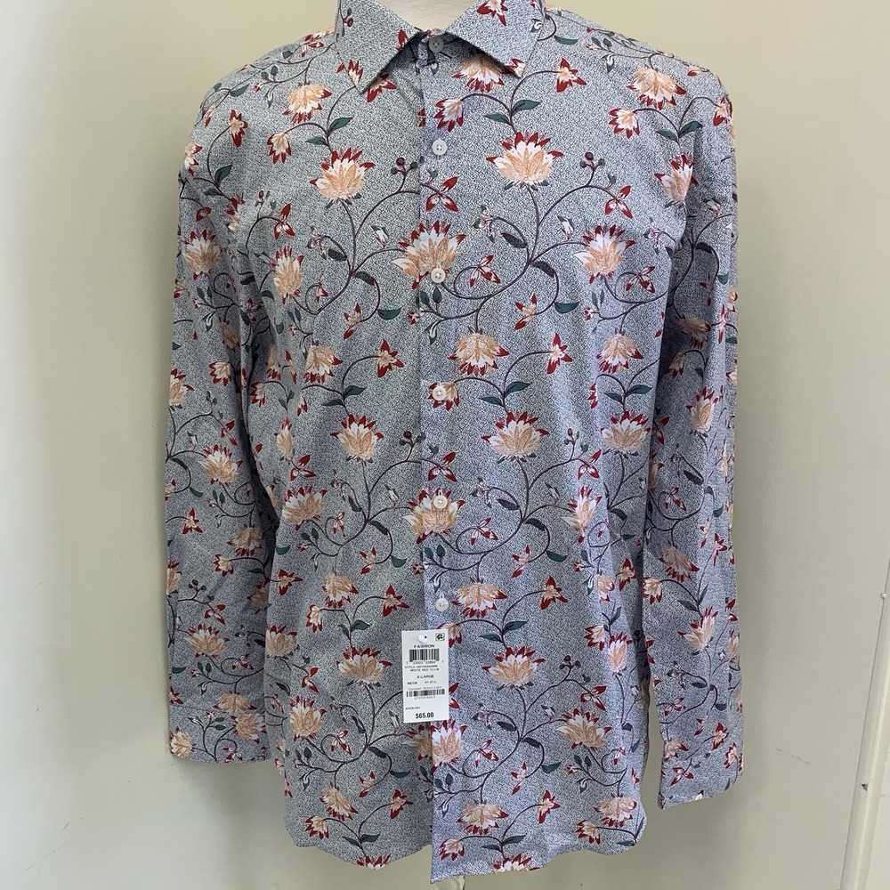 Barr lll Male Slim-Fit Performance Stretch Floral-Print Dress Shirt Macy's Sz XL